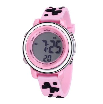 Girls Digital Sports Watch with many features - Pink Band with Black Bows