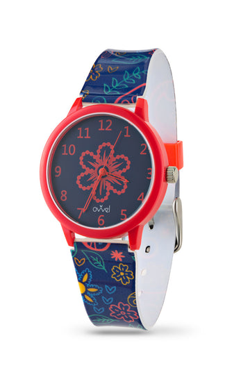 Girls Teen Analog Watch - Navy Blue and Red Paisley