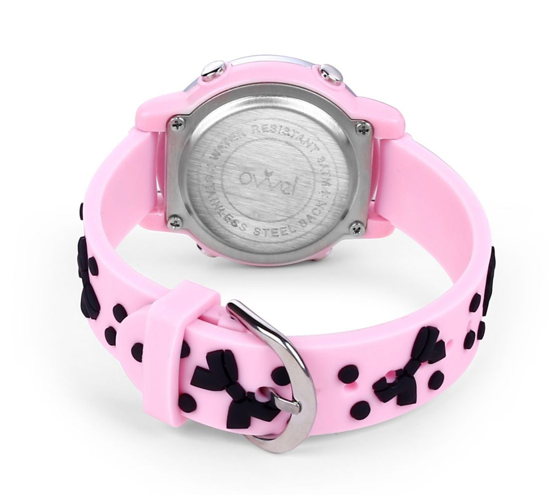 Girls Digital Sports Watch with many features - Pink Band with Black Bows