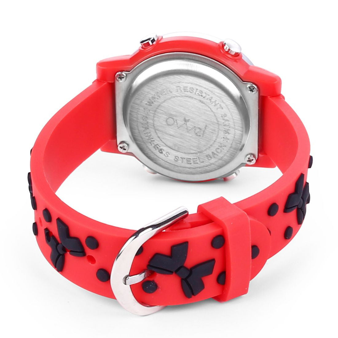 Girls Digital Sports Watch with many features - Red Band with Black Bows
